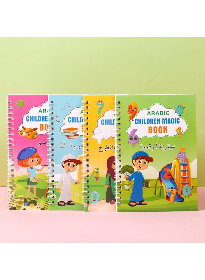 4PCS Arabic Calligraphy Copybook Set | Kids Grooved Writing Practice Book | Preschool Hard Pen Writing Pad | Magic Reusable Writing Book | Includes Alphabet/Numbers/Addition & Subtraction/Drawing | 10 Erasable Pens + Pencil Grip | 3D Grooves Enhance Memory | Clear Printing | Early Education Essential | Parent-Child Learning Tool - Image 1