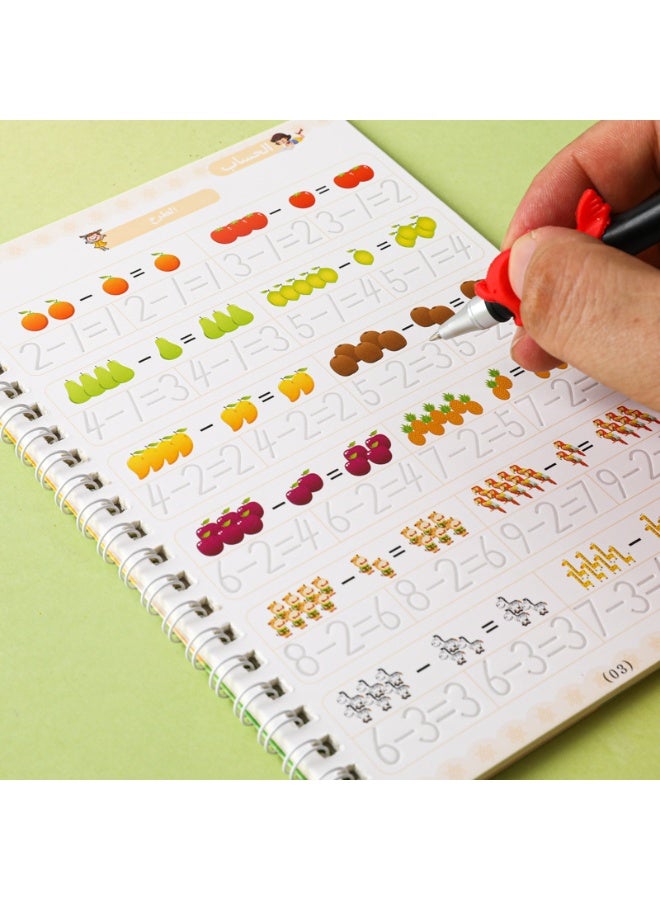 4PCS Arabic Calligraphy Copybook Set | Kids Grooved Writing Practice Book | Preschool Hard Pen Writing Pad | Magic Reusable Writing Book | Includes Alphabet/Numbers/Addition & Subtraction/Drawing | 10 Erasable Pens + Pencil Grip | 3D Grooves Enhance Memory | Clear Printing | Early Education Essential | Parent-Child Learning Tool - Image 4