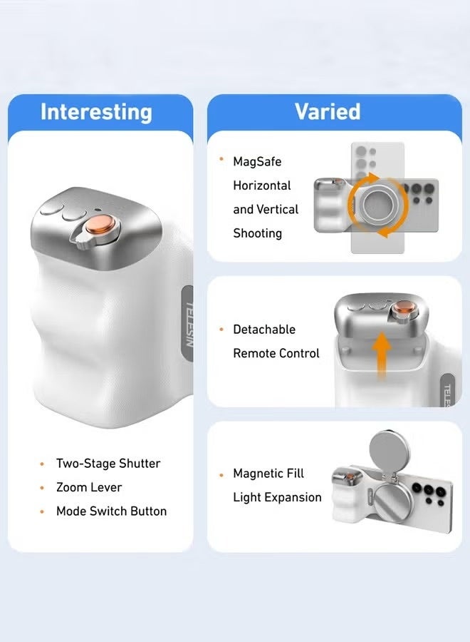 تيليسن TELESIN Fun Shot Magnetic Phone Camera DSLR Style Shutter Grip for iPhone & Android with Detachable Wireless Shutter Button - MFI Certified - 1/4" Screw - Comfort Ergonomic Camera Grip (مع ضوء ملء) - Image 2