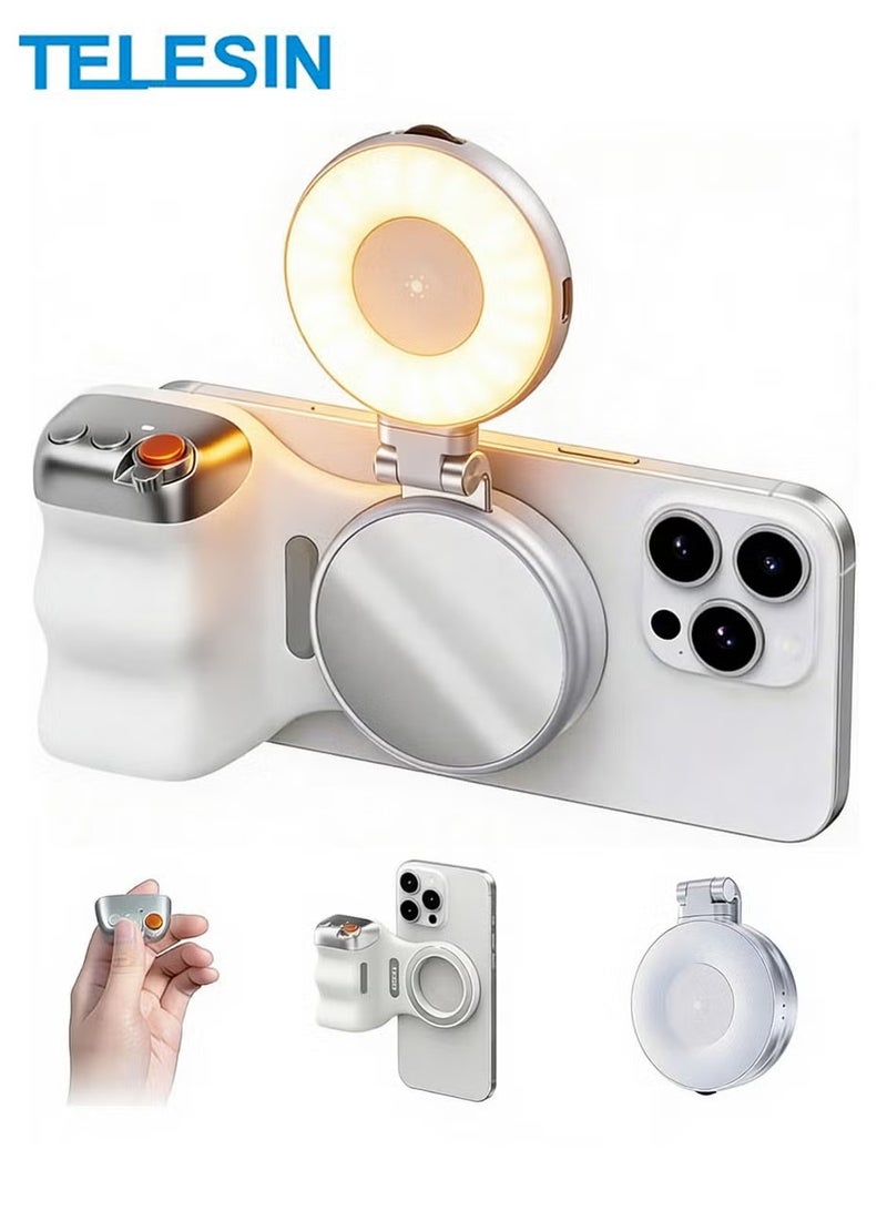تيليسن TELESIN Fun Shot Magnetic Phone Camera DSLR Style Shutter Grip for iPhone & Android with Detachable Wireless Shutter Button - MFI Certified - 1/4" Screw - Comfort Ergonomic Camera Grip (مع ضوء ملء) - Image 1