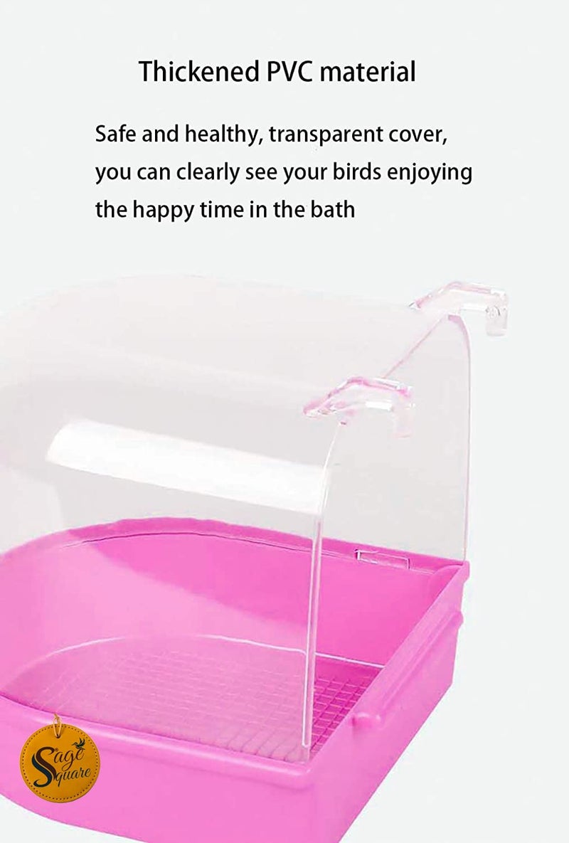 Sage Square صندوق حمام الطيور، حوض طيور محبوس رائع مع ثقب لرش الماء لطيور الحيوانات الأليفة الصغيرة مثل الكناري والبودجي والببغاء والباراكيت والكناري والفنش والكوكتيل والببغاء المحب (وردي) - Image 2