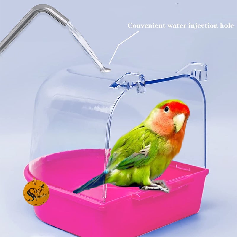 Sage Square صندوق حمام الطيور، حوض طيور محبوس رائع مع ثقب لرش الماء لطيور الحيوانات الأليفة الصغيرة مثل الكناري والبودجي والببغاء والباراكيت والكناري والفنش والكوكتيل والببغاء المحب (وردي) - Image 5