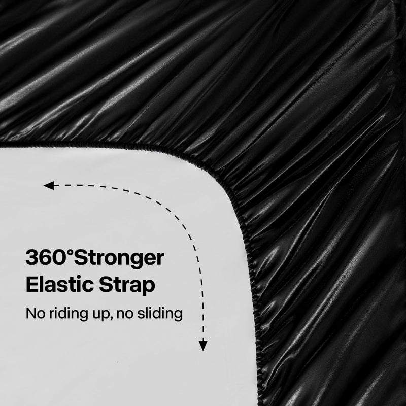 BEDELITE Satin Queen Fitted Sheet & Pillowcase Set - 3-Piece Luxury Soft Silk-Like with 1 Deep Pocket Fitted Sheet (Fits 15" Mattress) & 2 Pillowcases, Elastic Corner Straps (Black) - Image 5