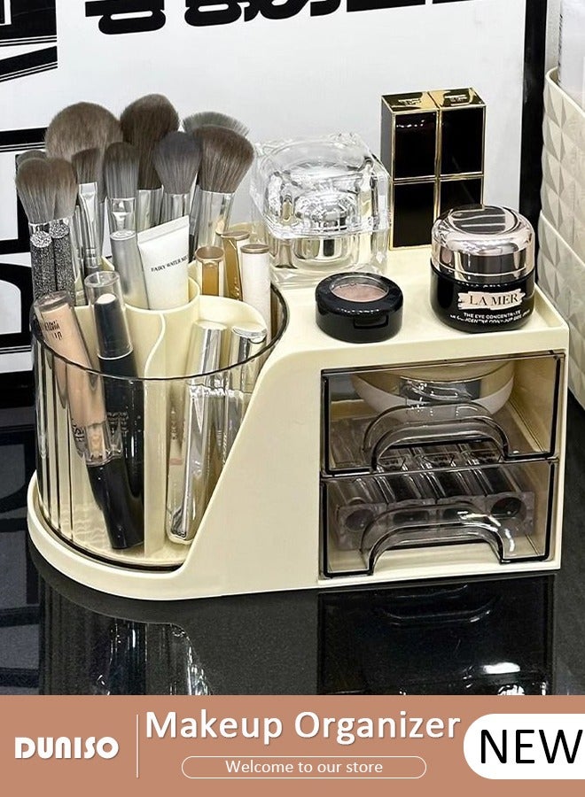 DUNISO Makeup Organizer with 2 Drawer, 360 Degree Rotating Large Capacity Skin Care Product Organizer, Cosmetic Display Cases with Makeup Brush Holder, Cosmetics Organizer for Bedroom Dresser Bathroom Vanity Countertop - Image 1