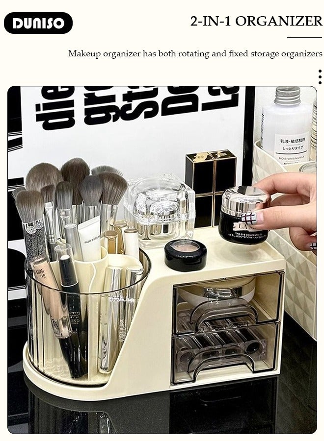 DUNISO Makeup Organizer with 2 Drawer, 360 Degree Rotating Large Capacity Skin Care Product Organizer, Cosmetic Display Cases with Makeup Brush Holder, Cosmetics Organizer for Bedroom Dresser Bathroom Vanity Countertop - Image 3