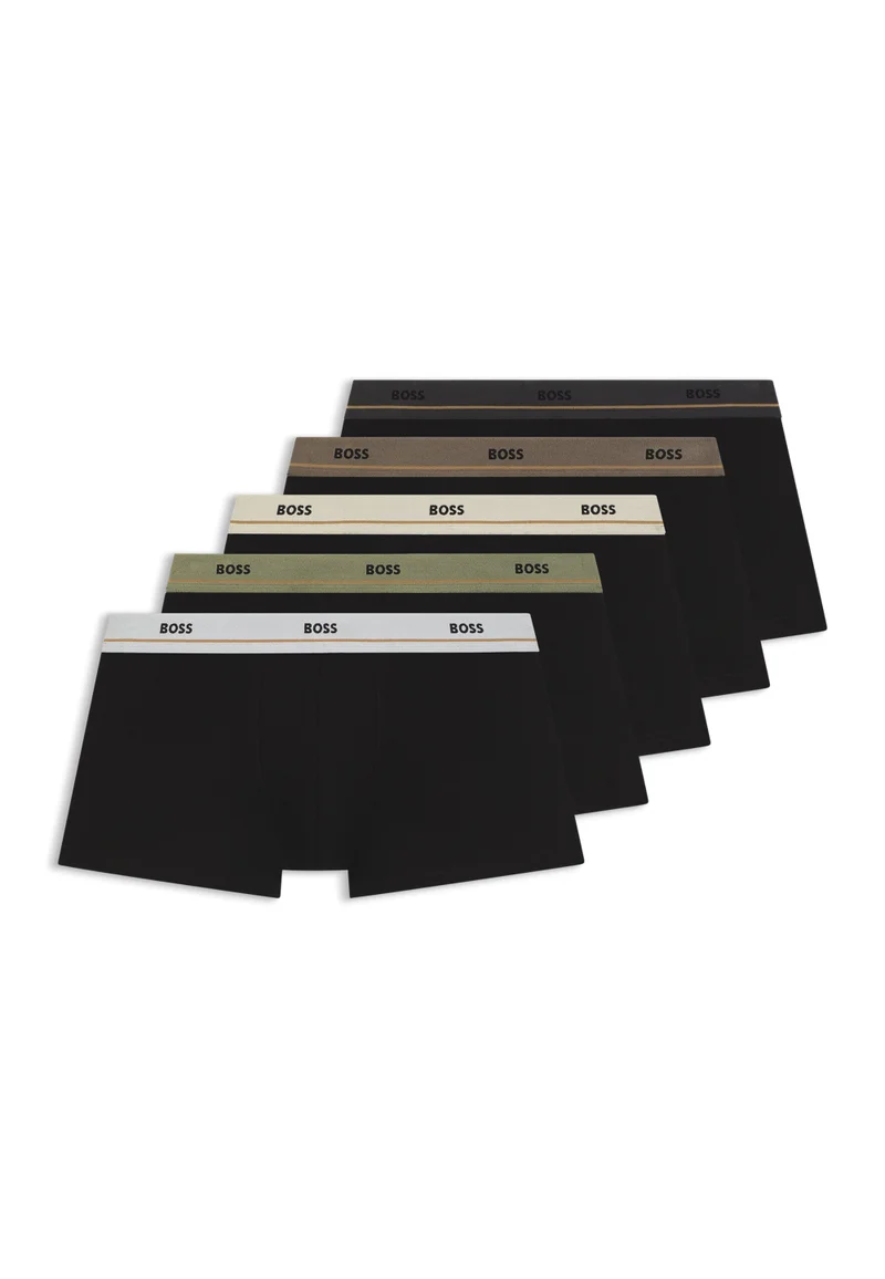 BOSS Five-pack of stretch-cotton trunks with logo waistbands