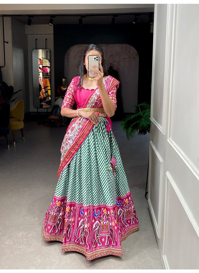 Chinnon Printed Lehenga Set with Laheriya-Patola Print, Sequin Lace & Gotta Patti Dupatta | Stitched Lehenga + Unstitched Blouse