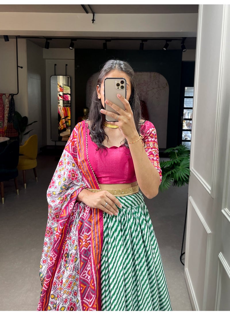 Super Asian Chinnon Printed Lehenga Set with Laheriya-Patola Print, Sequin Lace & Gotta Patti Dupatta | Stitched Lehenga + Unstitched Blouse  - Image 4