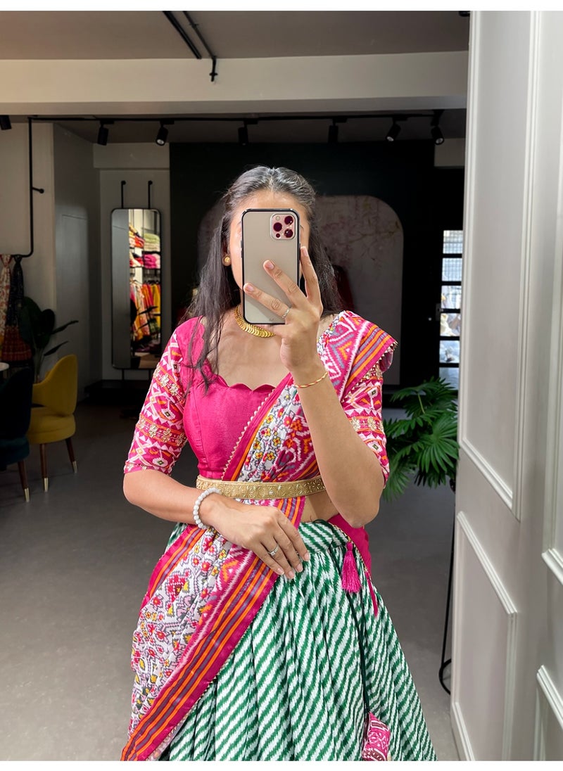 Super Asian Chinnon Printed Lehenga Set with Laheriya-Patola Print, Sequin Lace & Gotta Patti Dupatta | Stitched Lehenga + Unstitched Blouse  - Image 3