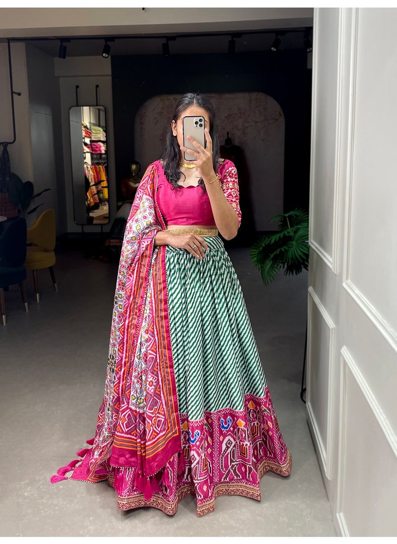 Super Asian Chinnon Printed Lehenga Set with Laheriya-Patola Print, Sequin Lace & Gotta Patti Dupatta | Stitched Lehenga + Unstitched Blouse  - Image 2