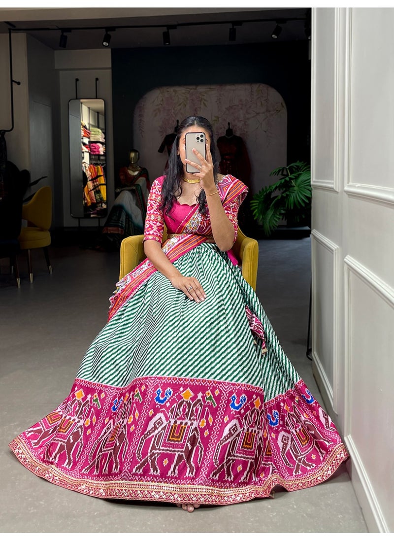 Chinnon Printed Lehenga Set with Laheriya-Patola Print, Sequin Lace & Gotta Patti Dupatta | Stitched Lehenga + Unstitched Blouse