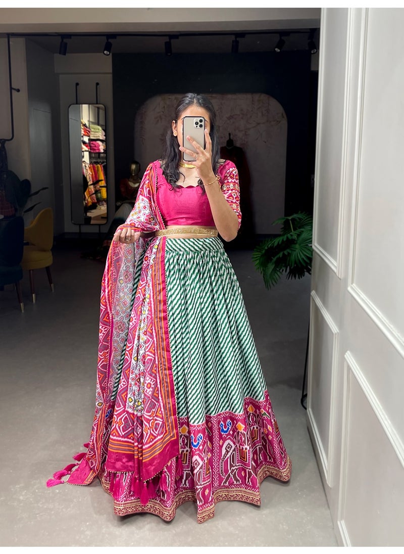 Super Asian Chinnon Printed Lehenga Set with Laheriya-Patola Print, Sequin Lace & Gotta Patti Dupatta | Stitched Lehenga + Unstitched Blouse  - Image 5