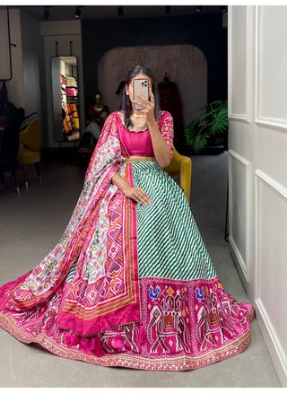 Chinnon Printed Lehenga Set with Laheriya-Patola Print, Sequin Lace & Gotta Patti Dupatta | Stitched Lehenga + Unstitched Blouse - pzsku/Z1B8398C813B6D15C1A8FZ/45/1750221209/3bb2b775-72ee-42af-9304-155e683fcf4f