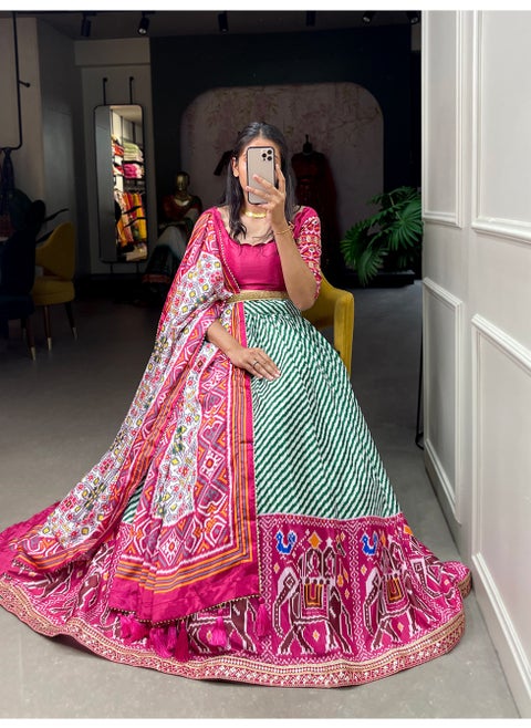 Chinnon Printed Lehenga Set with Laheriya-Patola Print, Sequin Lace & Gotta Patti Dupatta | Stitched Lehenga + Unstitched Blouse