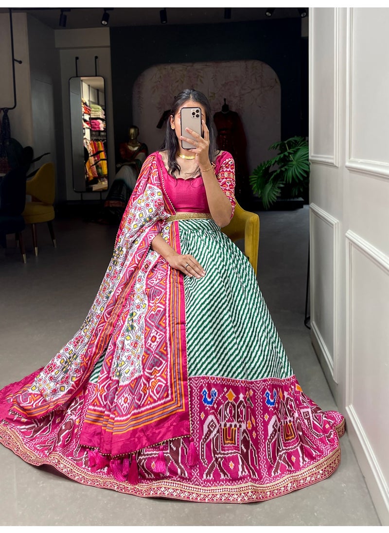 Super Asian Chinnon Printed Lehenga Set with Laheriya-Patola Print, Sequin Lace & Gotta Patti Dupatta | Stitched Lehenga + Unstitched Blouse  - Image 1