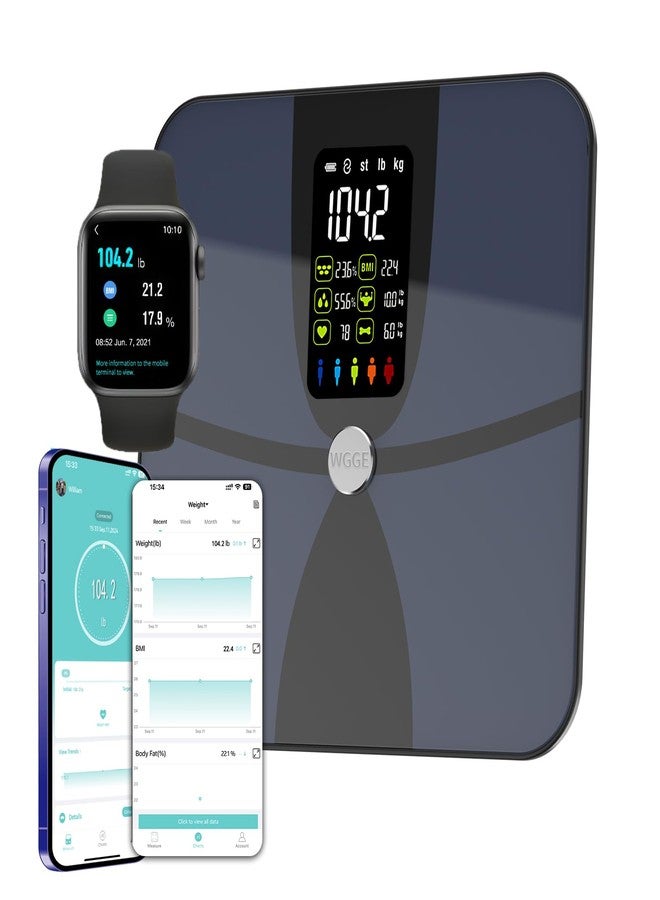 WGGE ميزان WGGE الذكي لوزن الجسم، ميزان حمام رقمي ذكي مع تطبيق جوال، شاشة عرض LCD كبيرة، 17 مقياسًا لتكوين الجسم (مؤشر كتلة الجسم، تتبع نسبة الدهون في الجسم، معدل ضربات القلب، وضع الطفل)، يتحمل وزنًا يصل إلى 180 كجم/400 رطل - Image 1