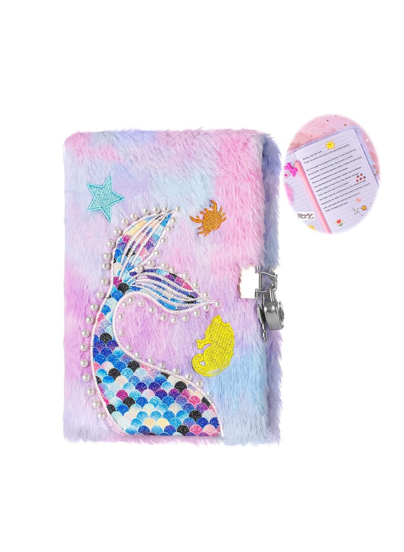 إسكدنيا دفتر يوميات حورية البحر للفتيات، دفتر مزغد فuzzy للأطفال مع قفل ومفاتيح، 160  مخططة، دفتر سري ناعم للكتابة والرسم، بنفسجي - Image 1