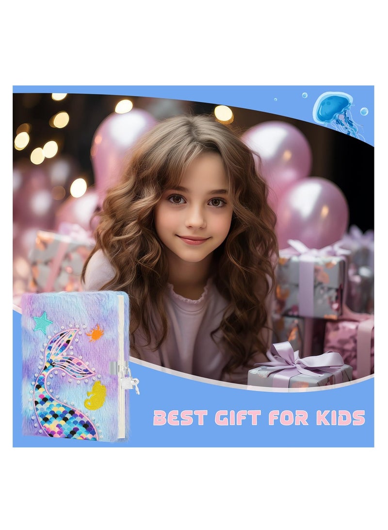 إسكدنيا دفتر يوميات حورية البحر للفتيات، دفتر مزغد فuzzy للأطفال مع قفل ومفاتيح، 160  مخططة، دفتر سري ناعم للكتابة والرسم، بنفسجي - Image 3