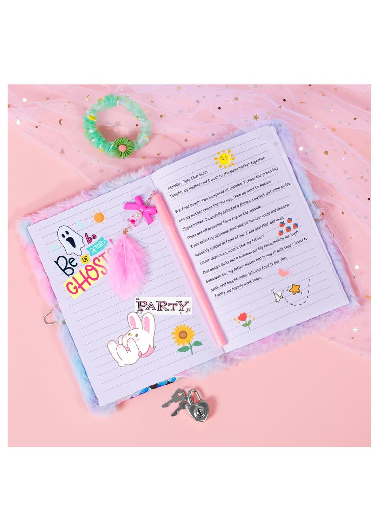 إسكدنيا دفتر يوميات حورية البحر للفتيات، دفتر مزغد فuzzy للأطفال مع قفل ومفاتيح، 160  مخططة، دفتر سري ناعم للكتابة والرسم، بنفسجي - Image 4