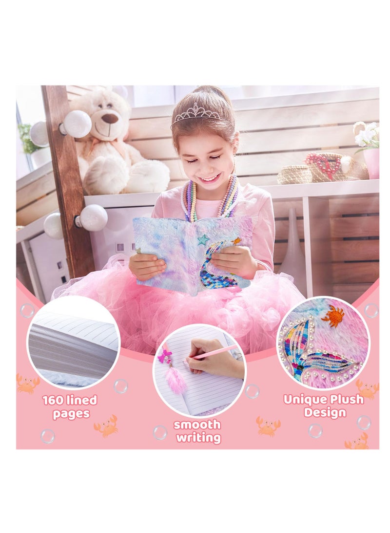 إسكدنيا دفتر يوميات حورية البحر للفتيات، دفتر مزغد فuzzy للأطفال مع قفل ومفاتيح، 160  مخططة، دفتر سري ناعم للكتابة والرسم، بنفسجي - Image 2