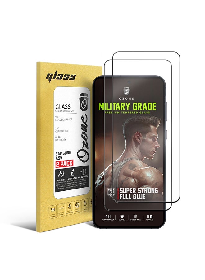 O Ozone 2 Pack Full Coverage Tempered Glass for Samsung Galaxy A55 Screen Protector, 9H Hardness Black Edge Tempered Glass Film HD Clear Screen Guard - Image 1