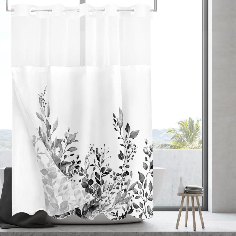 Tititex no Hooks Snap in Liner Black eucalyptus أوراق الستار دش مجموعات فندق فاخر طبقات مزدوجة النسيج المقاوم للماء ونافذة من النافذة الحمام 60 × 72 بوصة - Image 1