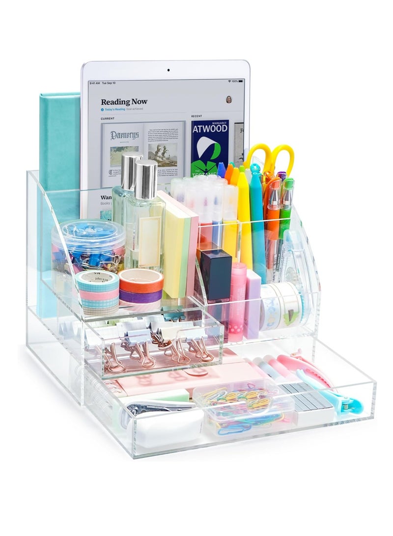 Maxsafe Acrylic Desk Organizer with 2 Drawers - Clear Office Desktop Accessories, Stationery Pen Organizer for Desk, Features 5 Compartments + 2 Sliding Drawers - Image 1