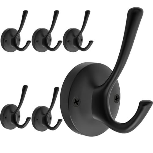 TOFIIGREM Black Wall Hooks, 6 Pack Coat Towel Hook Heavy Duty Metal Double Bath Robe Hook Wall Mounted, Hat Hooks for Cubicle Bathroom Kitchen Closet Garage - Image 1