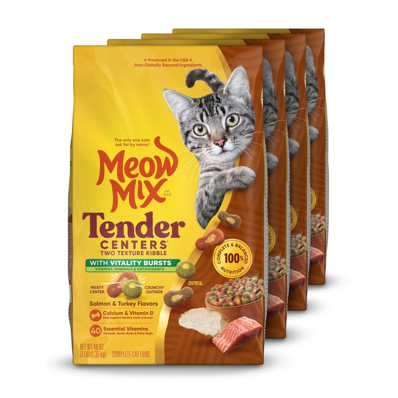 Meow Mix Tender Centers Dry Cat Food, Salmon & Turkey, 3 Pounds (Pack of 4), with Vitality Bursts - Image 1
