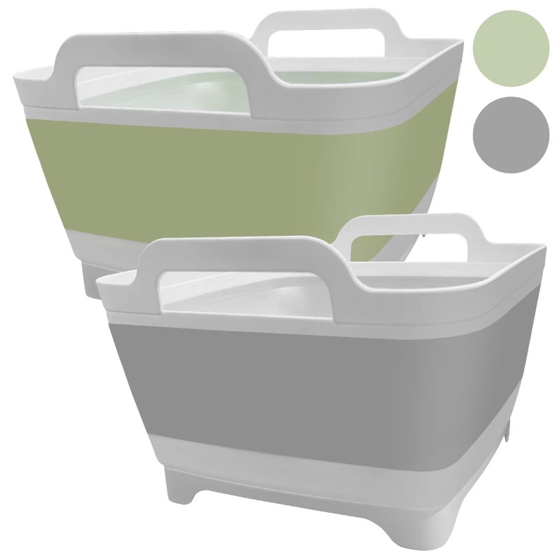 Ikaufen 2PCS Dishpan for Washing Dishes 9L24Gallon Collapsible Wash Basin with Drain Plug Carry Handles Collapsible Bucket for Cleaning Vegetable Washing RVGreen  Grey