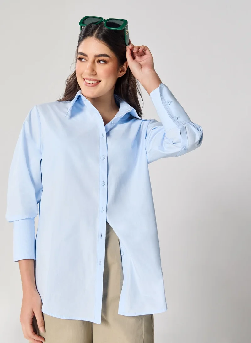 Zigzag Cotton Oversized Shirt- Baby Blue