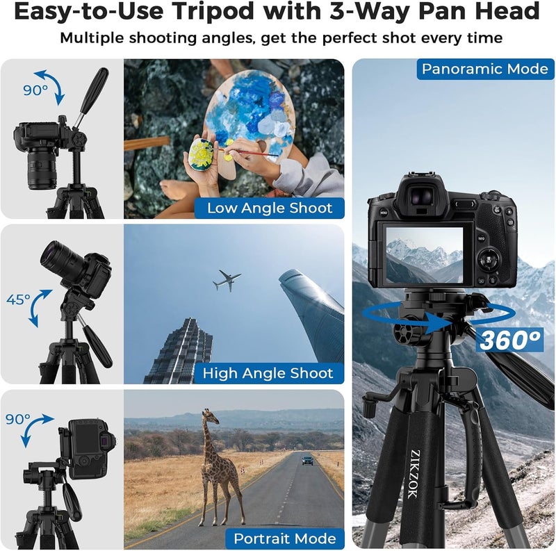 ZIKZOK 75" Camera Tripod, Heavy Duty Aluminum Camera Stand for ipad Phone, Travel Tripod with Remote/Carry Bag/Phone Tablet Holder, Compatible with DSLR, Spotting Scopes, Max Load 15 Lb(Grey) - Image 4