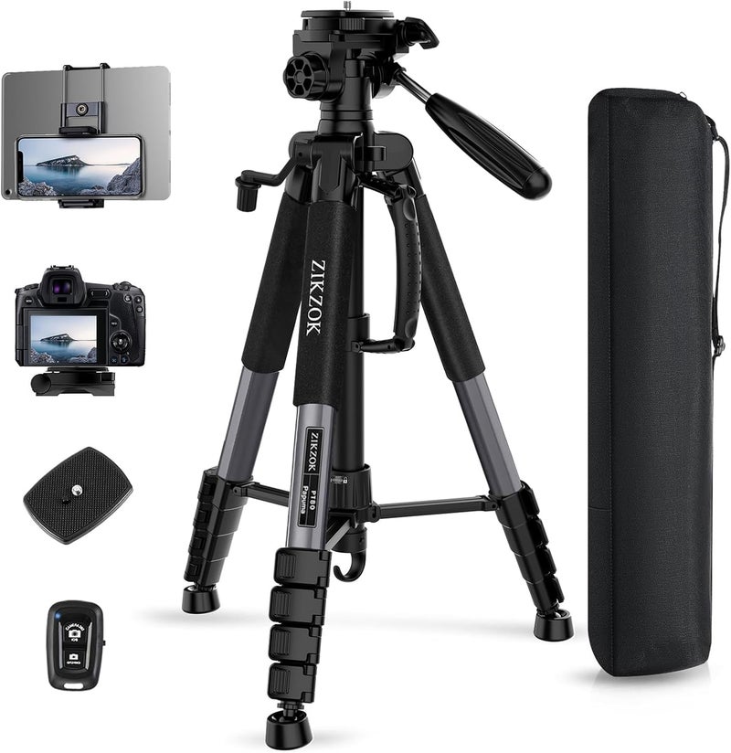 ZIKZOK 75" Camera Tripod, Heavy Duty Aluminum Camera Stand for ipad Phone, Travel Tripod with Remote/Carry Bag/Phone Tablet Holder, Compatible with DSLR, Spotting Scopes, Max Load 15 Lb(Grey) - Image 1