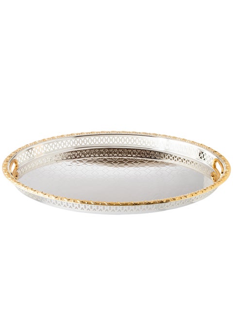 Silver Oval Tray With Golden Frame Inner Handles Made Of Metal And Stainless Lacquered 55x40 Cm