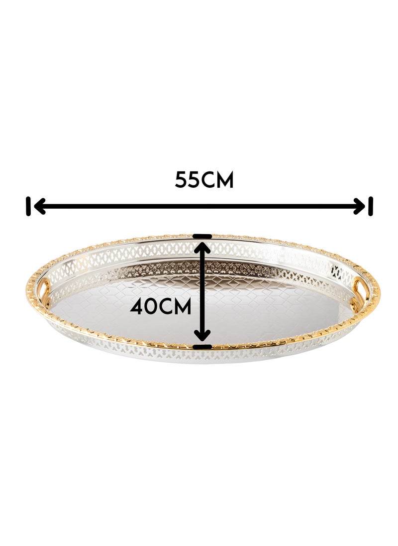 Bin Shihon Silver Oval Tray With Golden Frame Inner Handles Made Of Metal And Stainless Lacquered 55x40 Cm  - Image 5