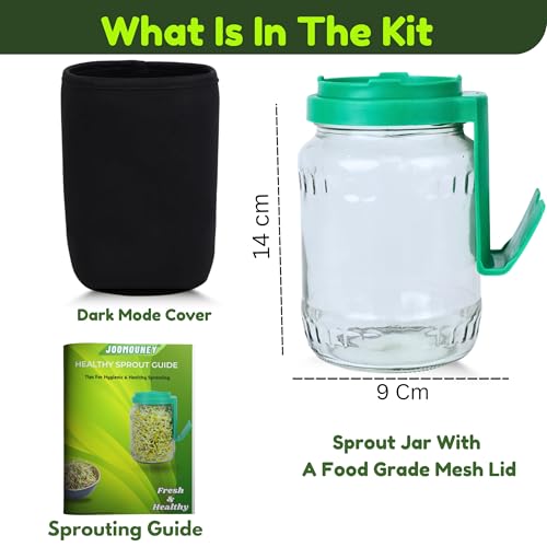 JOOMOUNEY Sprouts Making Glass Jar with Seeds, Sprouter with Mesh Lid | Reusable Sprout Maker Jar for Beans Grains & Seeds | Odor-Free Easy Drainage Hygienic BPA-Free(GREEN PACK OF ONE) - Image 2