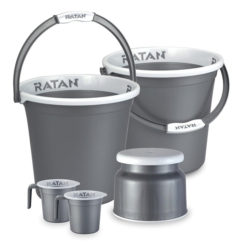 RATAN PLASTICWARE طقم حمام بلاستيكي من 5 قطع مجموعة غلوريا العادية، 18 لتر دلوين + كرسي نوفا باتلا 107 + كوبين حمام غلوريا العادية 1 لتر - نير فضي - Image 1