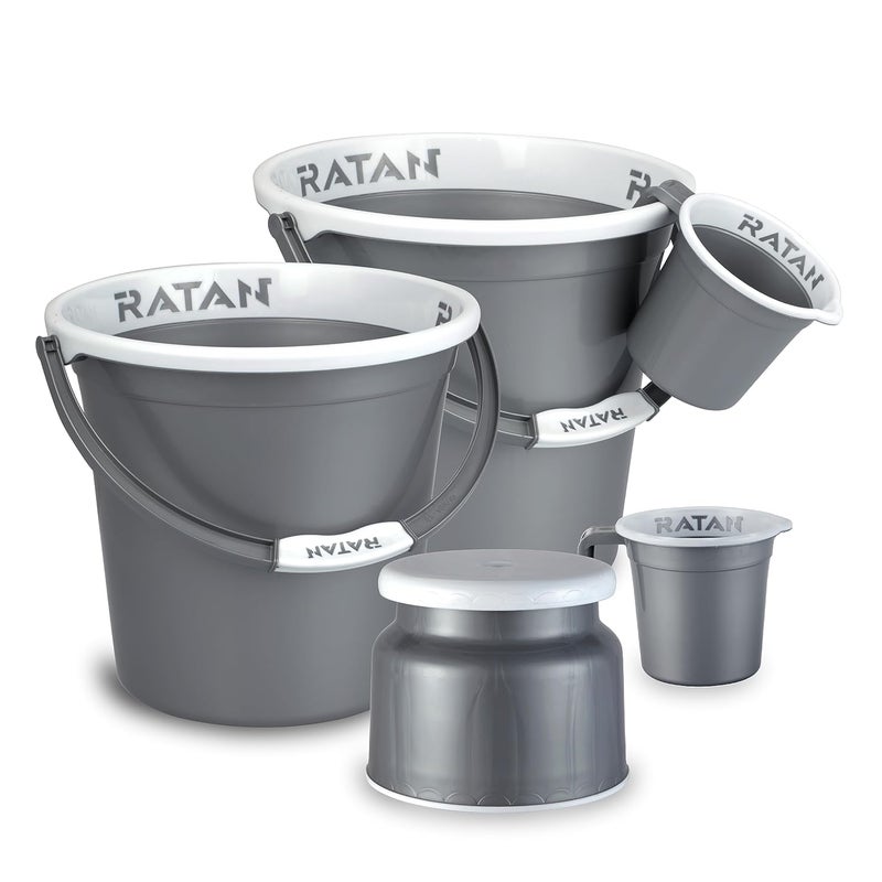 RATAN PLASTICWARE طقم حمام بلاستيكي من 5 قطع مجموعة غلوريا العادية، 18 لتر دلوين + كرسي نوفا باتلا 107 + كوبين حمام غلوريا العادية 1 لتر - نير فضي - Image 2