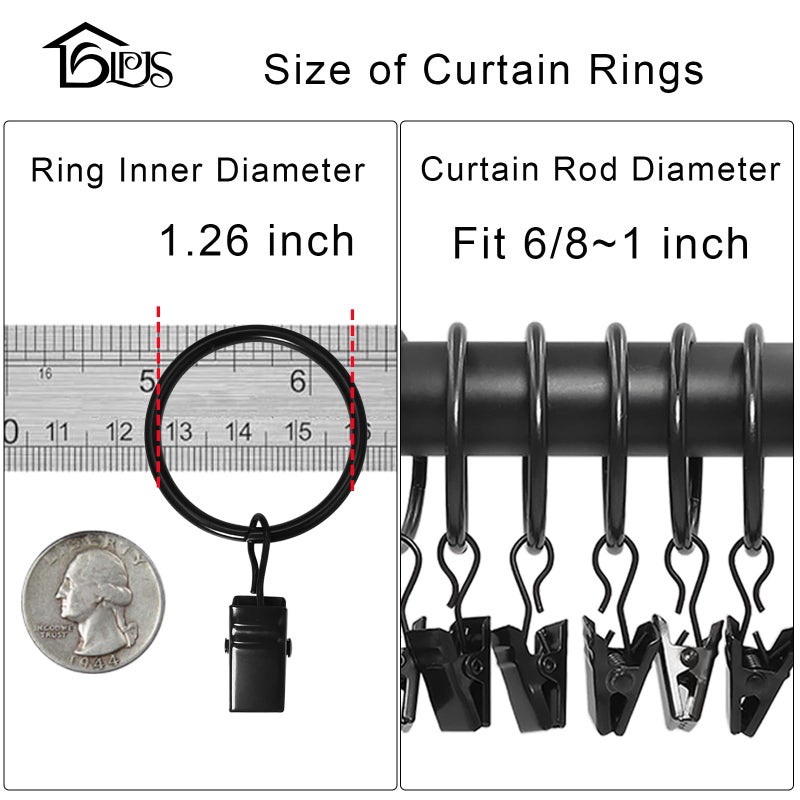 LLPJS 40 Pack Curtain Rings with Clips, Curtain Clip Rings Hooks, Bow Hanger Clips for Hanging Drapery Drapes Bows, Ring 1.26 inch Interior Diameter, Fits up to 1" Rod, Black - Image 3