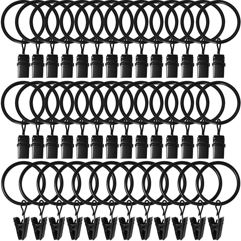 LLPJS 40 Pack Curtain Rings with Clips, Curtain Clip Rings Hooks, Bow Hanger Clips for Hanging Drapery Drapes Bows, Ring 1.26 inch Interior Diameter, Fits up to 1" Rod, Black - Image 1