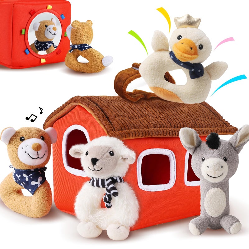 iPlay, iLearn Baby Toys 3 6 12 Month Newborn Gifts, Infant Soft Farm Stuffed Animal Rattles Plush Barn, Boy Girl Stuff, Basket Stocking Stuffer, Sensory Hand Development Toy 0 2 4 7 9M 1 Yr - Farm - Image 1