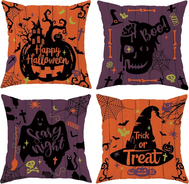 Halloween Decorative Pillow Covers Set of 4, Orange and Violet Spooky Design Throw Pillow Cases, Festive Fall Home Decor for Couch Sofa Bed 22x22 Inch - Image 1