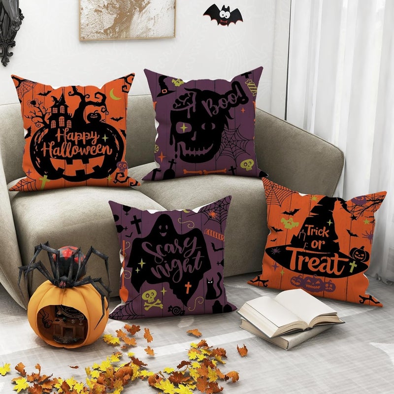 Halloween Decorative Pillow Covers Set of 4, Orange and Violet Spooky Design Throw Pillow Cases, Festive Fall Home Decor for Couch Sofa Bed 22x22 Inch - Image 4