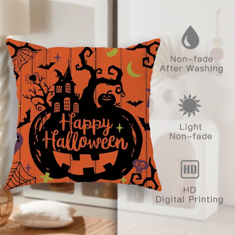 Halloween Decorative Pillow Covers Set of 4, Orange and Violet Spooky Design Throw Pillow Cases, Festive Fall Home Decor for Couch Sofa Bed 22x22 Inch - Image 5