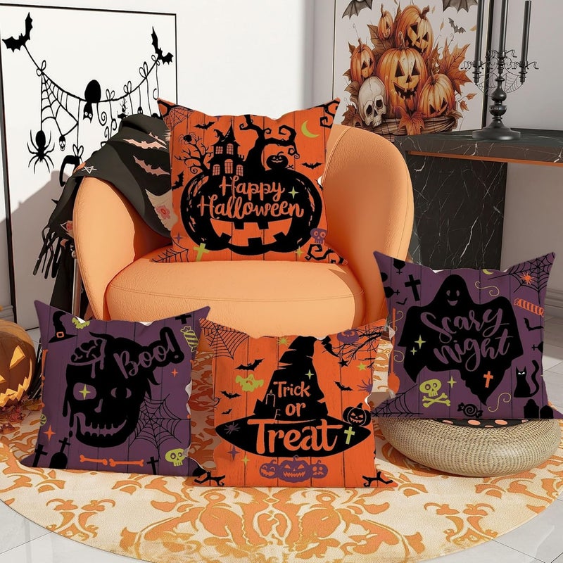 Halloween Decorative Pillow Covers Set of 4, Orange and Violet Spooky Design Throw Pillow Cases, Festive Fall Home Decor for Couch Sofa Bed 22x22 Inch - Image 2