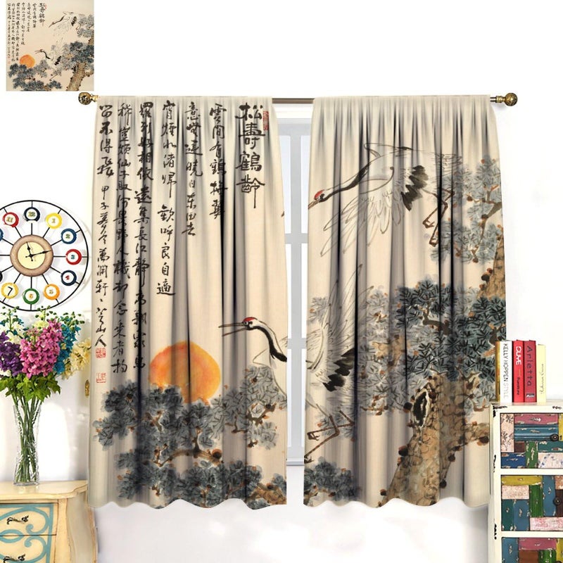 AAVEUP Asian Curtains, Vintage Japanese Ink and Landscape Crane Traditional Cherry Blossom Flower Sun Window Treatments Drapes for Girls Living Room Bedroom Kitchen 42x45inï¼ˆNo Blackoutï¼‰ - Image 4