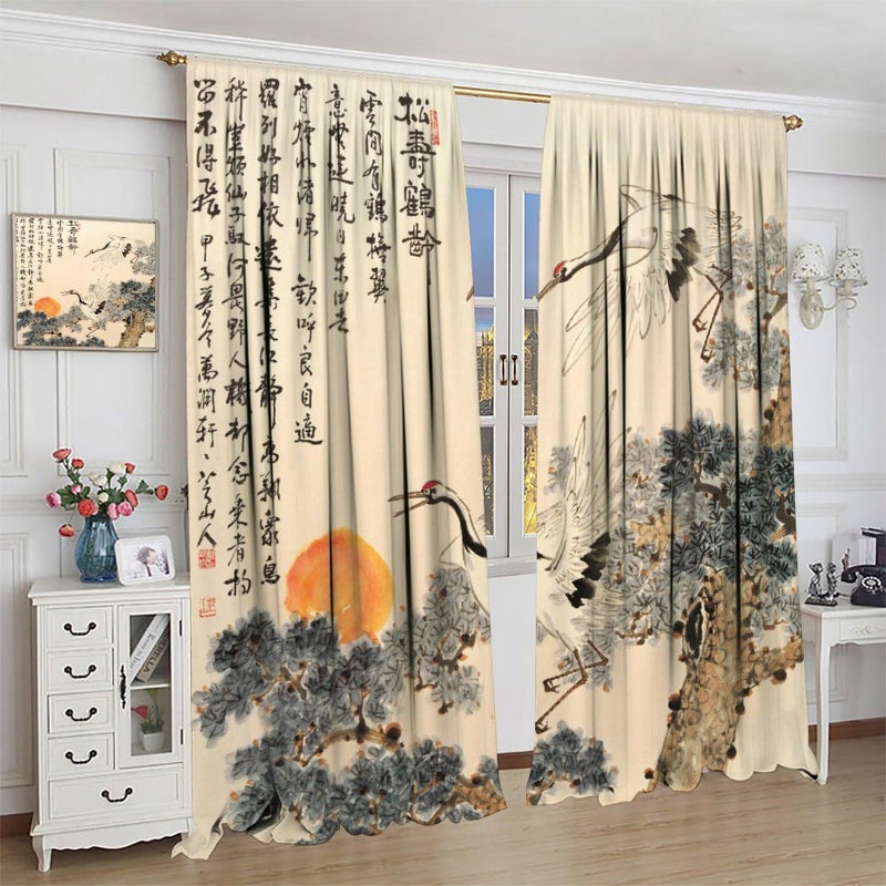 AAVEUP Asian Curtains, Vintage Japanese Ink and Landscape Crane Traditional Cherry Blossom Flower Sun Window Treatments Drapes for Girls Living Room Bedroom Kitchen 42x45inï¼ˆNo Blackoutï¼‰ - Image 5