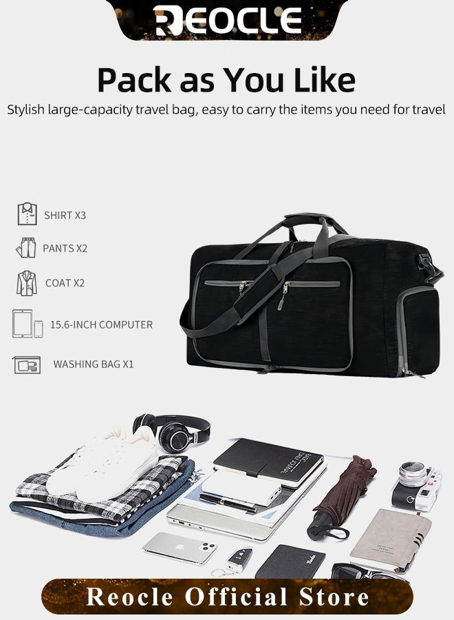 REOCLE Sports Gym Bag Foldable Travel Duffle Bag with Shoes Compartment 65L Waterproof Training Sport Holdall Travel Overnight Weekend Bag for Men and Women - Image 3