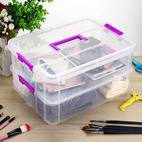BTSKY 2 Layer Stack & Carry Box, Plastic Multipurpose Portable Storage Container Box Handled Organizer Storage Box for Organizing Stationery, Sewing, Art Craft, Jewelry and Beauty Supplies(Purple) - Image 5
