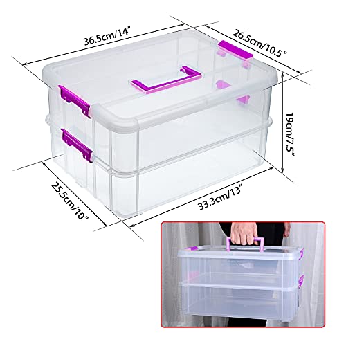 BTSKY 2 Layer Stack & Carry Box, Plastic Multipurpose Portable Storage Container Box Handled Organizer Storage Box for Organizing Stationery, Sewing, Art Craft, Jewelry and Beauty Supplies(Purple) - Image 3